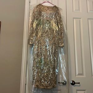 Champagne sequin dress. Garment is lined. Deep V neck.